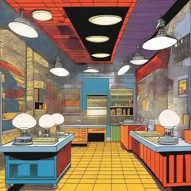 In the comic book, the superhero's lair is adorned with mercury-vapor lamps to create an eerie atmosphere.