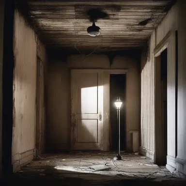 As the protagonist cautiously enters the abandoned house, the flickering mercury-vapor lamp heightens the horror ambiance.
