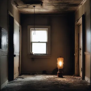 As the protagonist cautiously enters the abandoned house, the flickering mercury-vapor lamp heightens the horror ambiance.