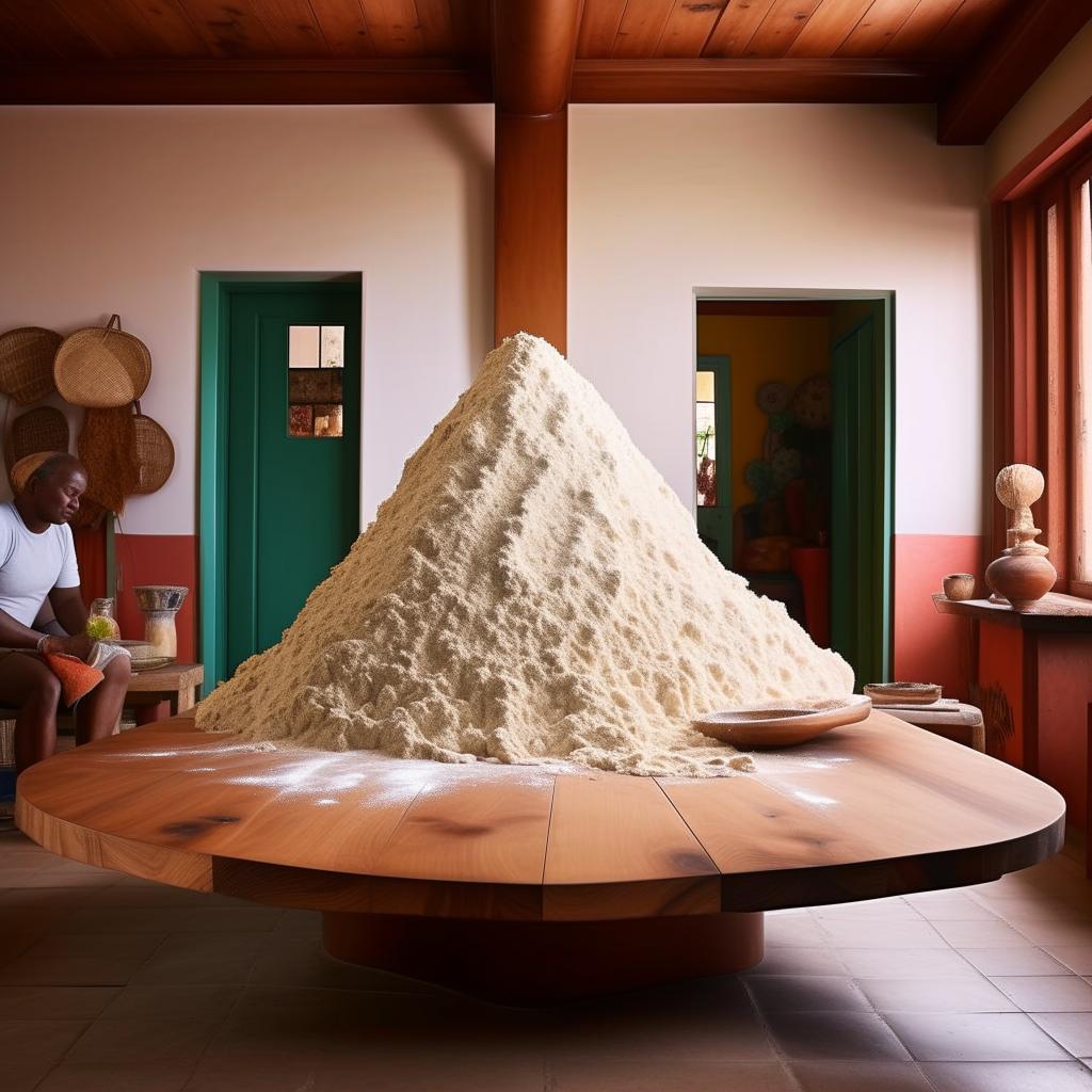 Add a wooden avant-garde table into the Cuban man's living room; atop it rests a substantial mound of cooking flour.