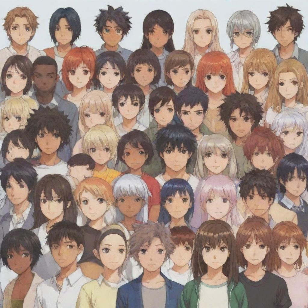 Generate a varied group of anime characters, each representing a different race, in a friendly gathering