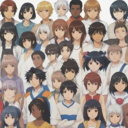 Generate a varied group of anime characters, each representing a different race, in a friendly gathering