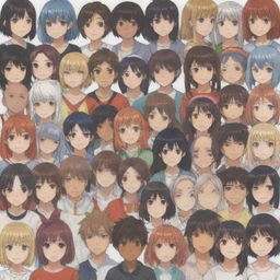 Generate a varied group of anime characters, each representing a different race, in a friendly gathering