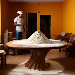 Add a wooden avant-garde table into the Cuban man's living room; atop it rests a substantial mound of cooking flour.