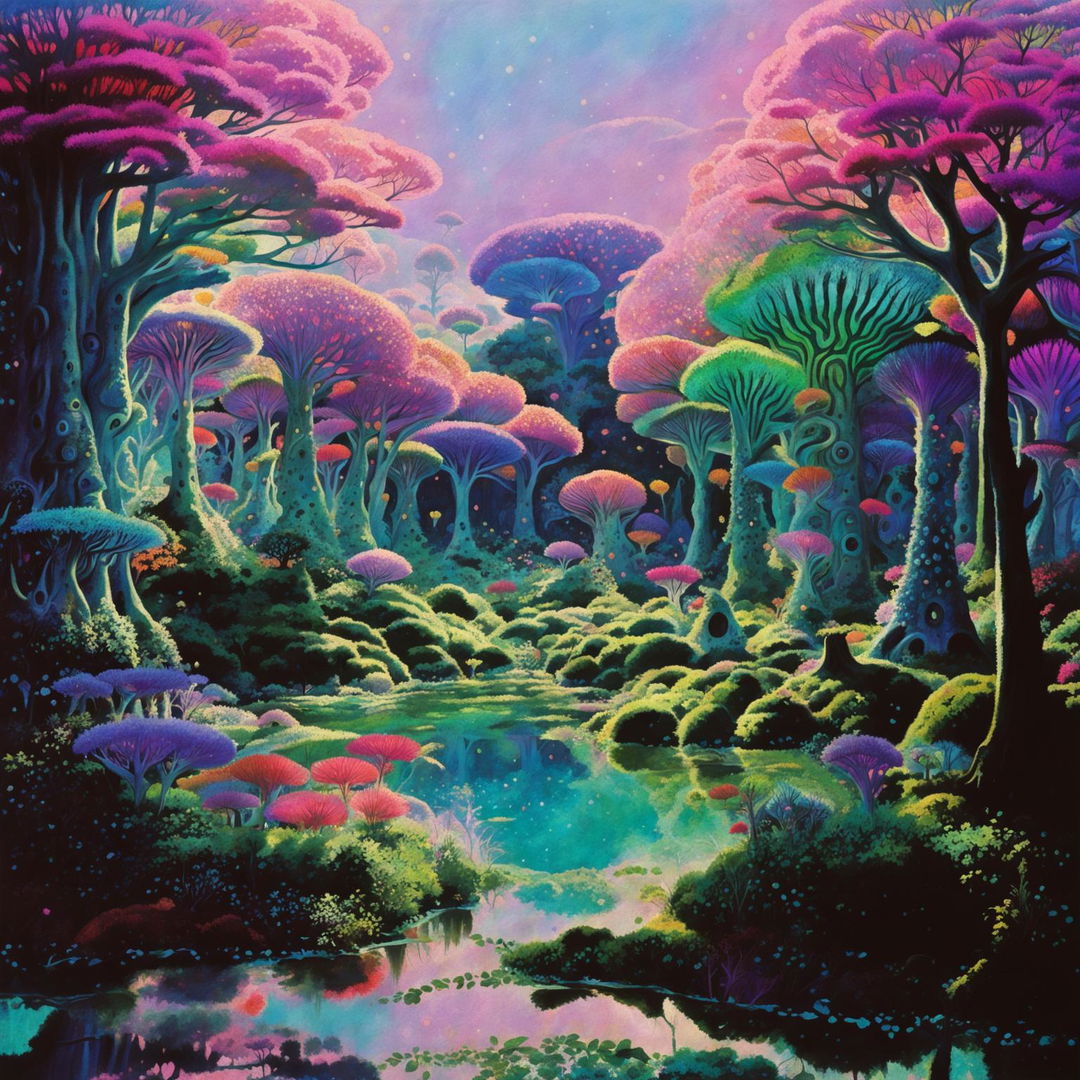 A Studio Ghibli-style enchanted alien forest with iridescent trees, neon foliage, and strange creatures roaming among them. A luminescent lake lies in a clearing, surrounded by strange plants and winged fish swimming in it.