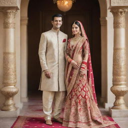 A tall couple, beautifully clad in traditional Indian wedding attire. The bride in a vibrant and ornately decorated sari, and the groom in a richly embellished sherwani, their height and elegance fitting for such a grand occasion.