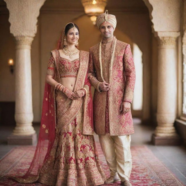 A tall couple, beautifully clad in traditional Indian wedding attire. The bride in a vibrant and ornately decorated sari, and the groom in a richly embellished sherwani, their height and elegance fitting for such a grand occasion.