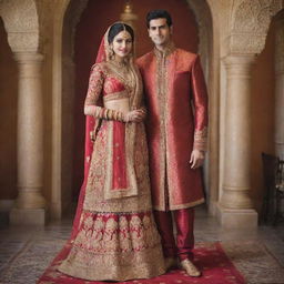 A tall couple, beautifully clad in traditional Indian wedding attire. The bride in a vibrant and ornately decorated sari, and the groom in a richly embellished sherwani, their height and elegance fitting for such a grand occasion.