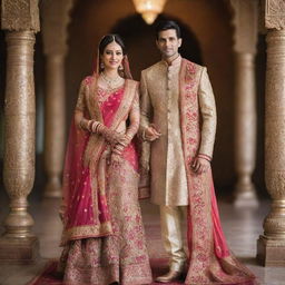 A tall couple, beautifully clad in traditional Indian wedding attire. The bride in a vibrant and ornately decorated sari, and the groom in a richly embellished sherwani, their height and elegance fitting for such a grand occasion.