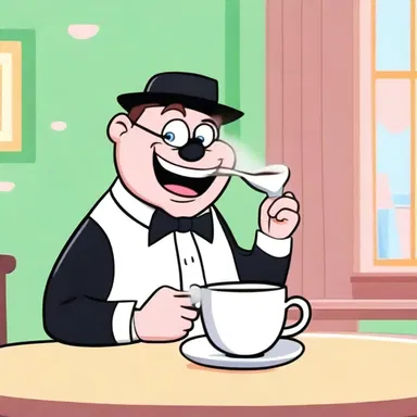 In the cartoon, the character poured a spoonful of sugar into his coffee to make it sweeter.