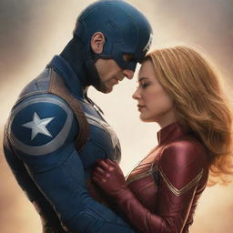 A tastefully romantic image of Captain America and Captain Marvel from the Marvel comic series. They are sharing a tender moment, hand in hand. The Marvel universe's stylized aesthetics surround them, forming a dramatic backdrop.