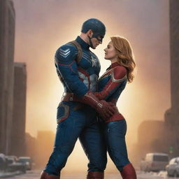 A tastefully romantic image of Captain America and Captain Marvel from the Marvel comic series. They are sharing a tender moment, hand in hand. The Marvel universe's stylized aesthetics surround them, forming a dramatic backdrop.