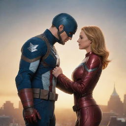 A tastefully romantic image of Captain America and Captain Marvel from the Marvel comic series. They are sharing a tender moment, hand in hand. The Marvel universe's stylized aesthetics surround them, forming a dramatic backdrop.