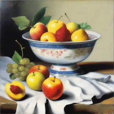 The still life painting depicted a bowl of ripe fruits, with a spoonful of sugar adding a touch of sweetness and symbolism.