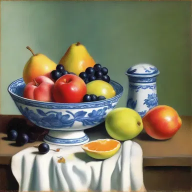 The still life painting depicted a bowl of ripe fruits, with a spoonful of sugar adding a touch of sweetness and symbolism.