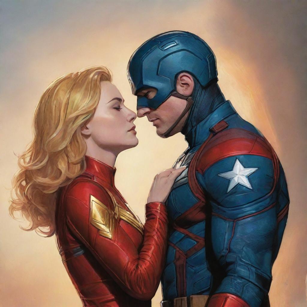 A tastefully romantic image of Captain America and Captain Marvel from the Marvel comic series. They are sharing a tender moment, hand in hand. The Marvel universe's stylized aesthetics surround them, forming a dramatic backdrop.