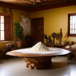 Add a wooden avant-garde table into the Cuban man's living room; atop it rests a substantial mound of cooking flour.