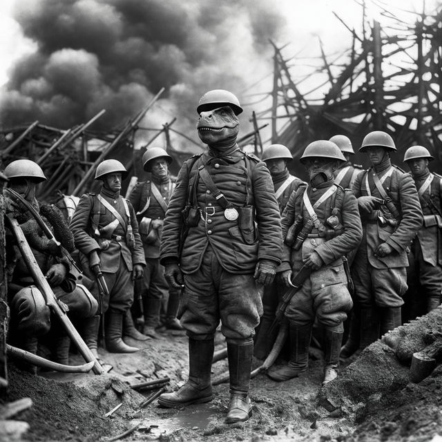 Historic black and white photograph of a Tyrannosaurus rex dressed in WW1 military uniform amidst soldiers on a battlefield.