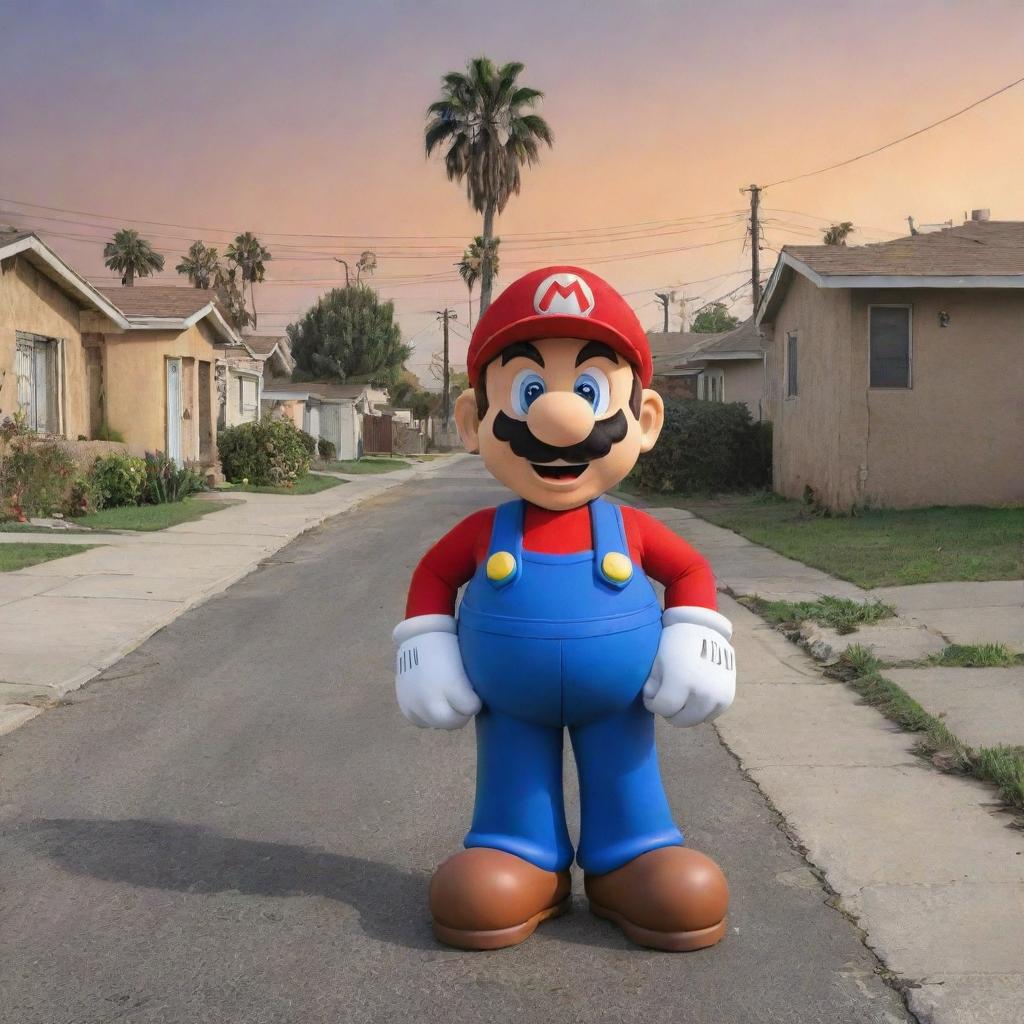 African American version of Super Mario in a setting depicting the neighborhood of Compton, California.