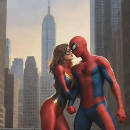 Create a warm, romantic illustration of Ms. Marvel and Spiderman from the Marvel comic series. They should be caught in a light-hearted, affectionate moment amidst the skyscrapers of New York City. Apply comic-style artwork to enchance the scene.