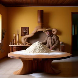 Add a wooden avant-garde table into the Cuban man's living room; atop it rests a substantial mound of cooking flour.