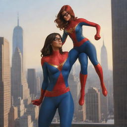 Create a warm, romantic illustration of Ms. Marvel and Spiderman from the Marvel comic series. They should be caught in a light-hearted, affectionate moment amidst the skyscrapers of New York City. Apply comic-style artwork to enchance the scene.