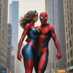 Create a warm, romantic illustration of Ms. Marvel and Spiderman from the Marvel comic series. They should be caught in a light-hearted, affectionate moment amidst the skyscrapers of New York City. Apply comic-style artwork to enchance the scene.