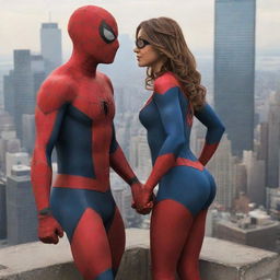 Create a warm, romantic illustration of Ms. Marvel and Spiderman from the Marvel comic series. They should be caught in a light-hearted, affectionate moment amidst the skyscrapers of New York City. Apply comic-style artwork to enchance the scene.