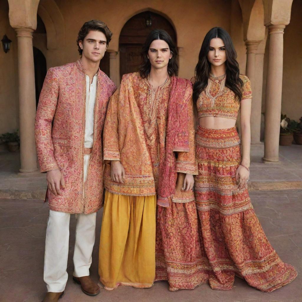 Jacob Elordi and Kendall Jenner, clad in vibrant, traditional Indian dresses, stand next to Moises Arias. The elaborate patterns and colors of their attire contrasting with their usual westernized style make for a striking image.