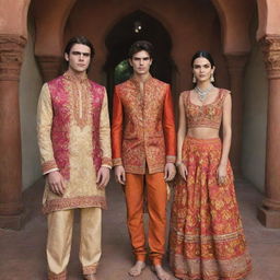 Jacob Elordi and Kendall Jenner, clad in vibrant, traditional Indian dresses, stand next to Moises Arias. The elaborate patterns and colors of their attire contrasting with their usual westernized style make for a striking image.