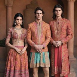 Jacob Elordi and Kendall Jenner, clad in vibrant, traditional Indian dresses, stand next to Moises Arias. The elaborate patterns and colors of their attire contrasting with their usual westernized style make for a striking image.