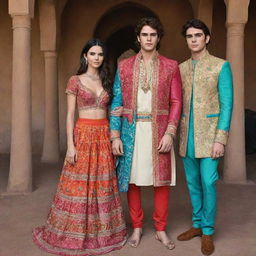 Jacob Elordi and Kendall Jenner, clad in vibrant, traditional Indian dresses, stand next to Moises Arias. The elaborate patterns and colors of their attire contrasting with their usual westernized style make for a striking image.