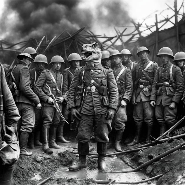 Historic black and white photograph of an anatomically correct Tyrannosaurus rex dressed in WW1 military uniform amidst soldiers on a battlefield.