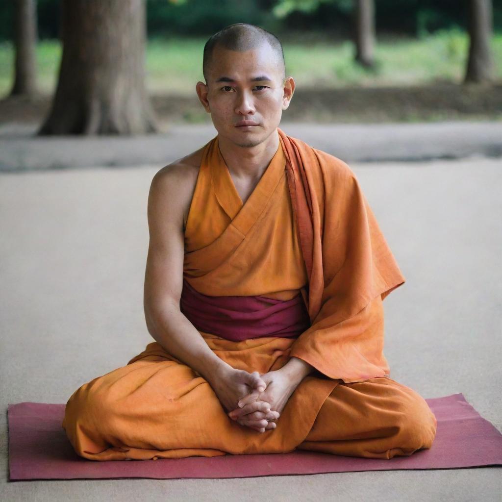 A novice Buddhist priest, humbly dressed in saffron robes, with a serene and contented expression on his face, sitting cross-legged on a simple mat