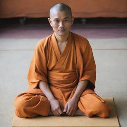 A novice Buddhist priest, humbly dressed in saffron robes, with a serene and contented expression on his face, sitting cross-legged on a simple mat