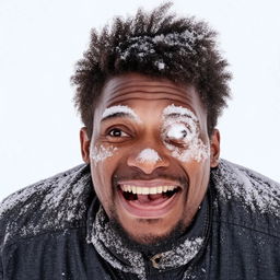 Portrait of a black man with snow lightly dusted on his face, displaying a mixture of surprise and joy.