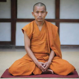 A novice Buddhist priest, humbly dressed in saffron robes, with a serene and contented expression on his face, sitting cross-legged on a simple mat