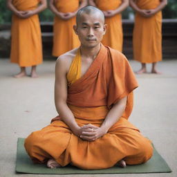 A novice Buddhist priest, humbly dressed in saffron robes, with a serene and contented expression on his face, sitting cross-legged on a simple mat