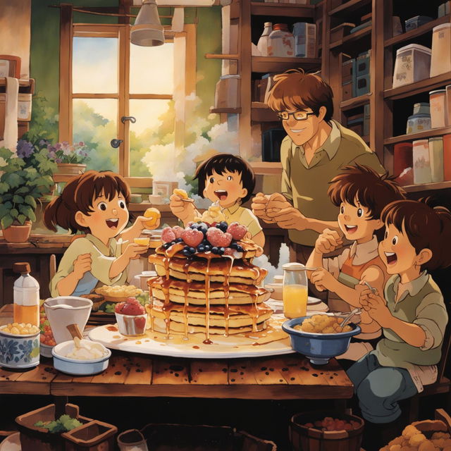 A Studio Ghibli-style scene of a family enjoying breakfast in a cozy, cluttered house filled with warm morning light.