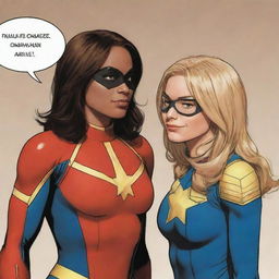 An endearing scene of Ms. Marvel being friends with Captain Marvel. Captured in a comic-style setting, they should be having a warm conversation, with a vibrant and colourful Marvel universe backdrop.