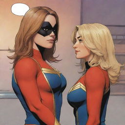 An endearing scene of Ms. Marvel being friends with Captain Marvel. Captured in a comic-style setting, they should be having a warm conversation, with a vibrant and colourful Marvel universe backdrop.