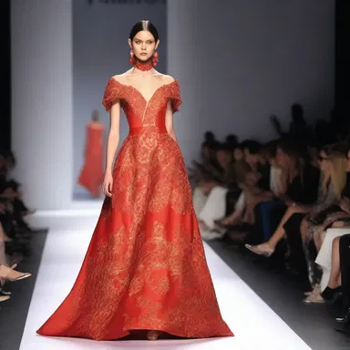 At the fashion show, the designer showcased a stunning red gown adorned with tomato sauce-inspired patterns, capturing the essence of vibrant culinary art.