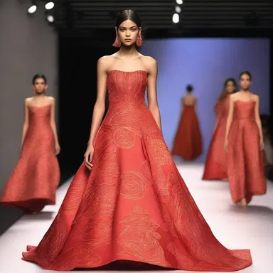 At the fashion show, the designer showcased a stunning red gown adorned with tomato sauce-inspired patterns, capturing the essence of vibrant culinary art.