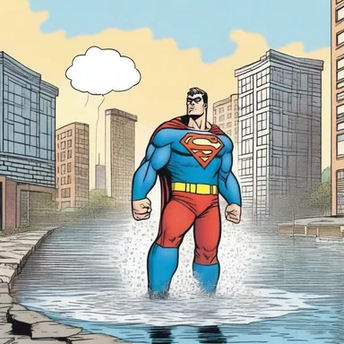 In the comic strip, a superhero uses his powers to irrigate the city's polluted water supply.