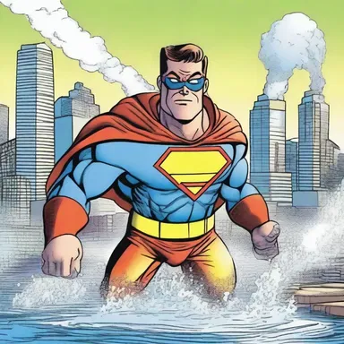 In the comic strip, a superhero uses his powers to irrigate the city's polluted water supply.