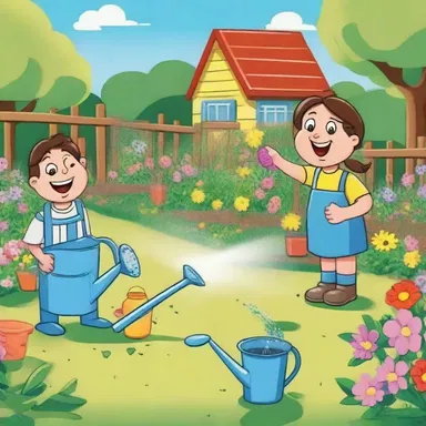 In the cartoon, the characters used watering cans to irrigate a garden and make the flowers grow.