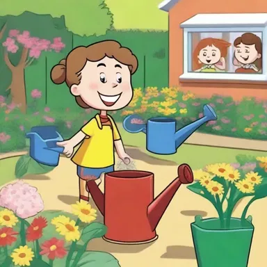 In the cartoon, the characters used watering cans to irrigate a garden and make the flowers grow.