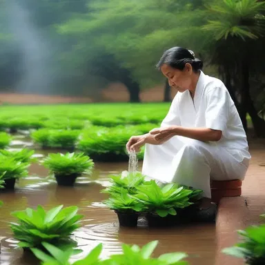 In some cultures, the act of irrigating sacred plants with water is believed to purify and offer blessings to the worshippers.