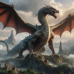 Gigantic majestic dragon towering over a diverse world landscape, signifying its dominance and rule.