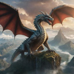 Gigantic majestic dragon towering over a diverse world landscape, signifying its dominance and rule.